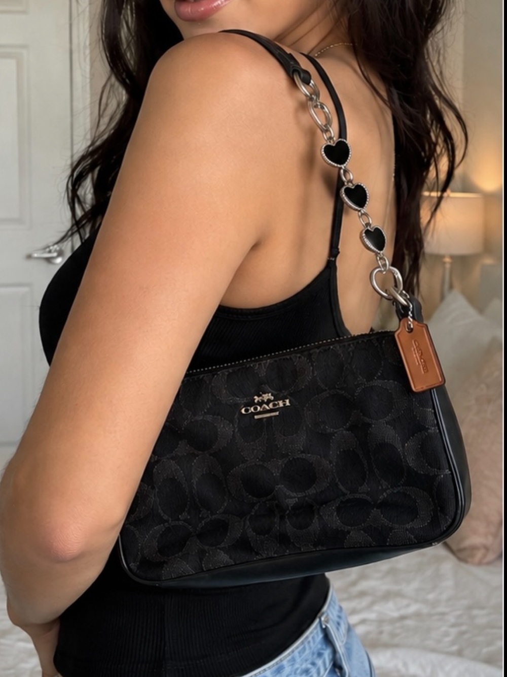 Authentic Coach Black Signature Jacquard Heart Chain Shoulder Bag Y2K